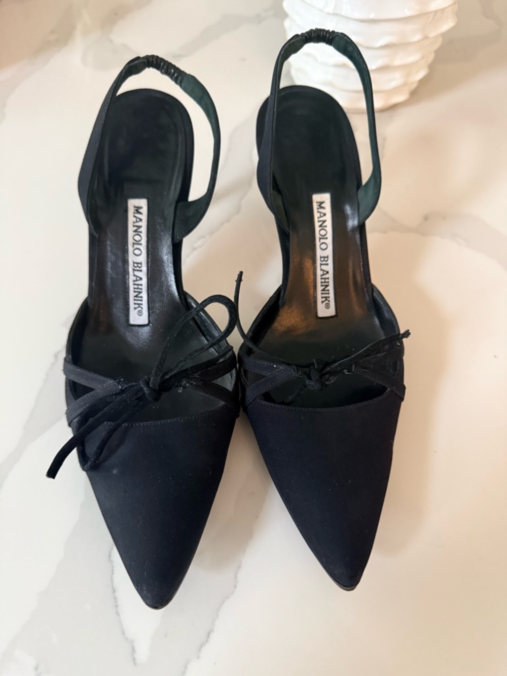 Manolo Blahnik Black Pointed Toe Slingback kitten Heels with Bow